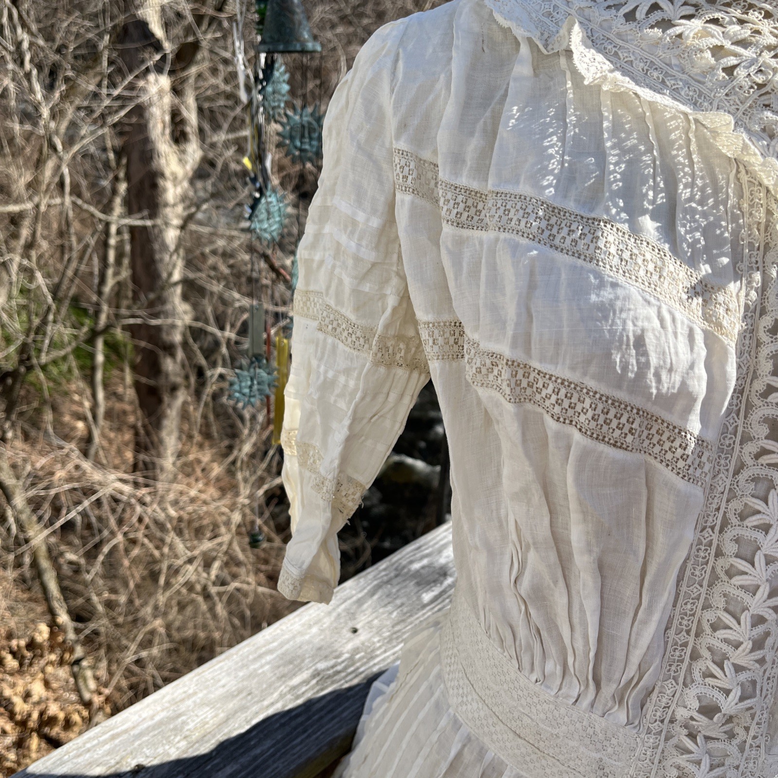 Authentic Edwardian Off White Cotton Lawn Dress c.1900 Lace Pintuck Button Back