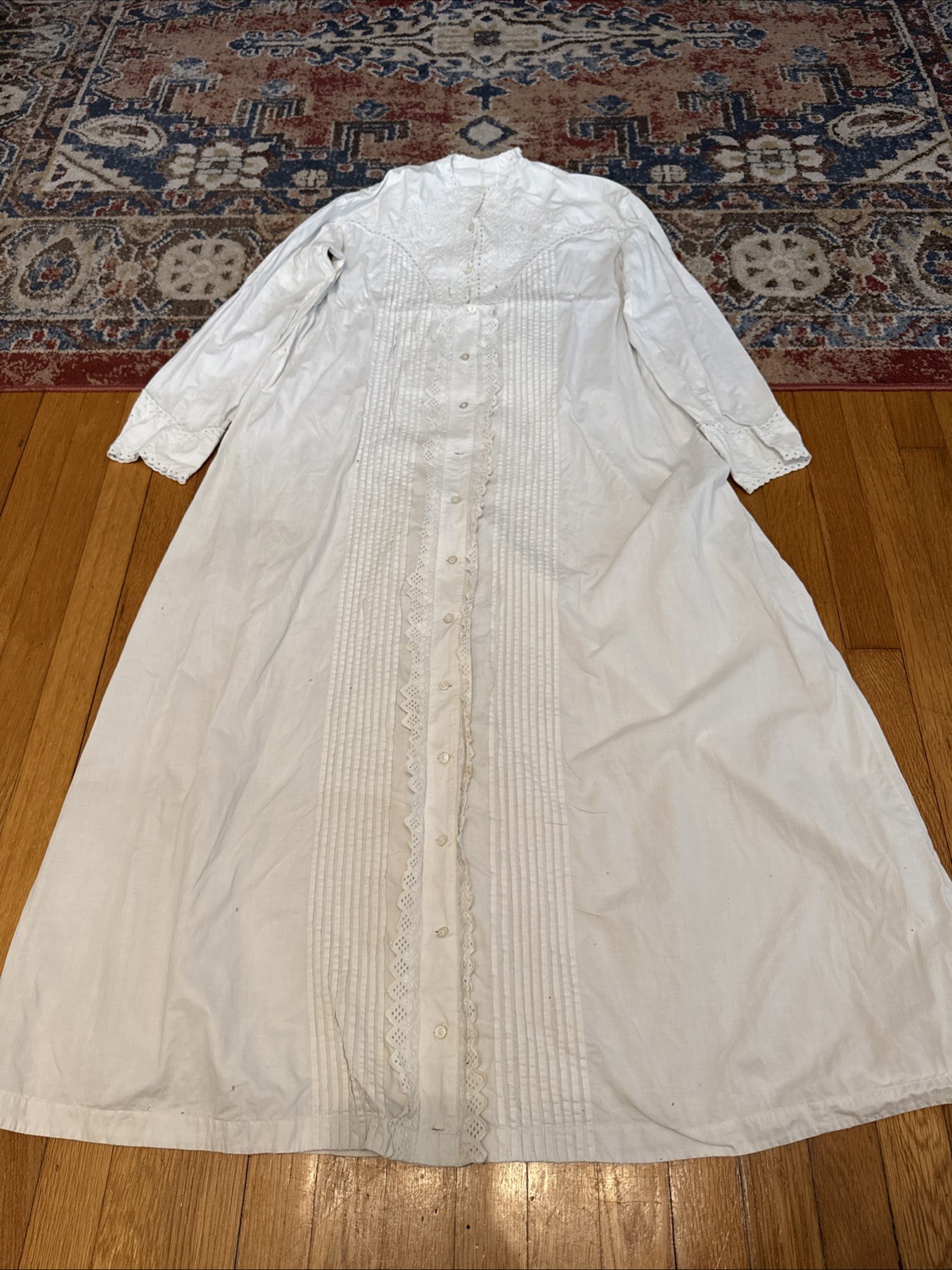 Antique Edwardian Victorian Cotton Lace Dressing Gown Robe Long Sleeve