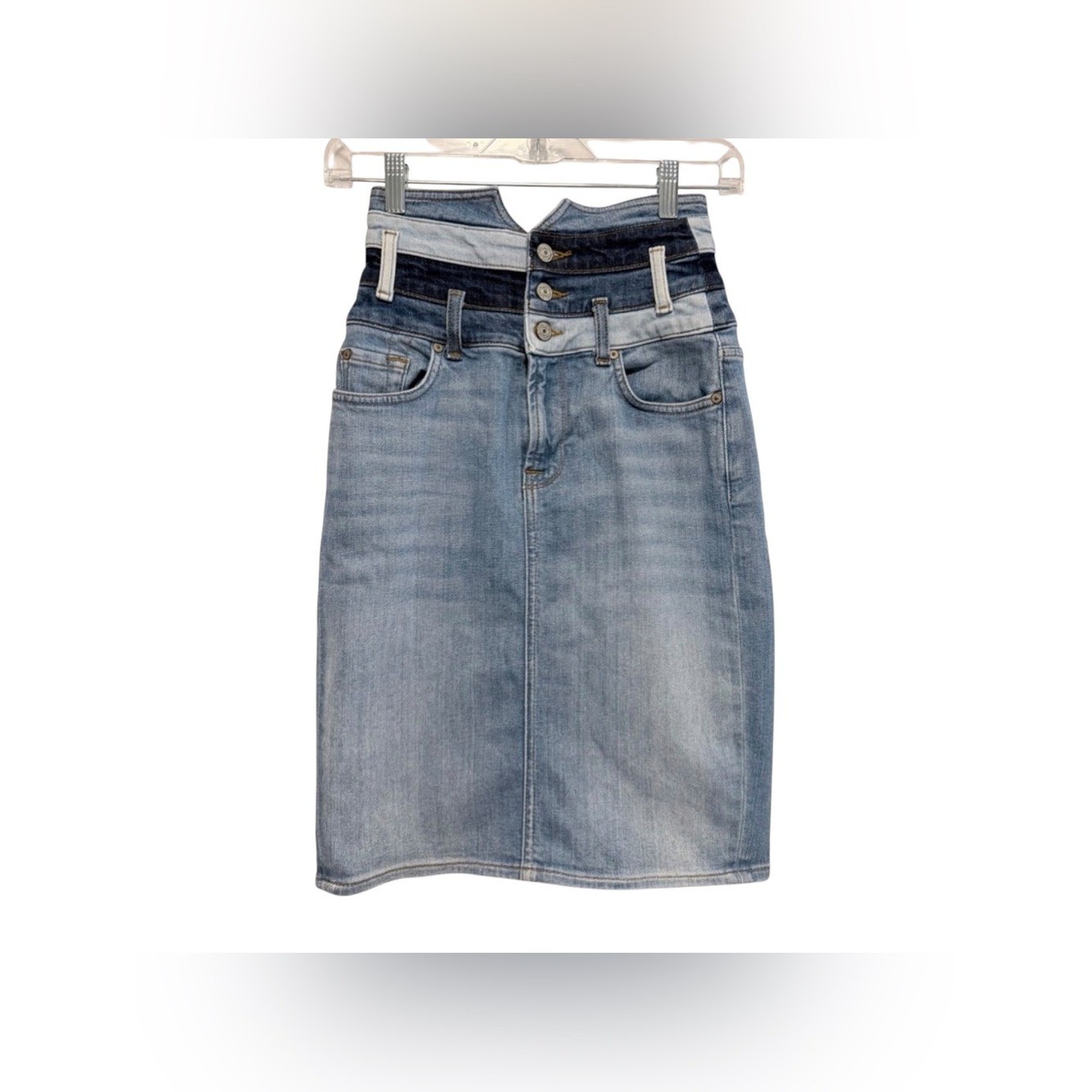 7 For All Mankind Y2K Patchwork Denim Mini Skirt High Rise V Front Corset Sz 24