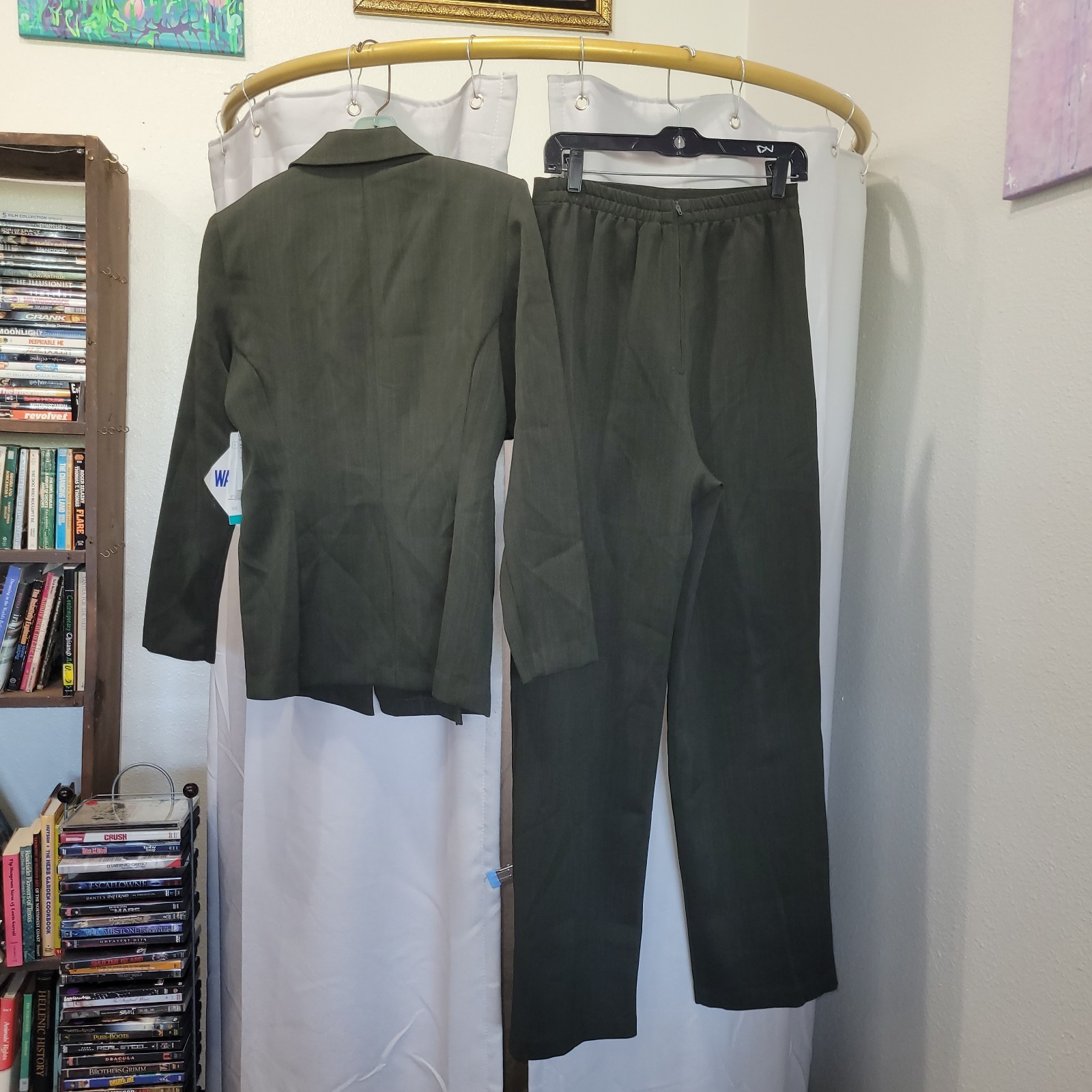 Vintage 90s Women&rsquo;s Olive Green Blazer Pant Suit Set Copper Button By Scarlett M