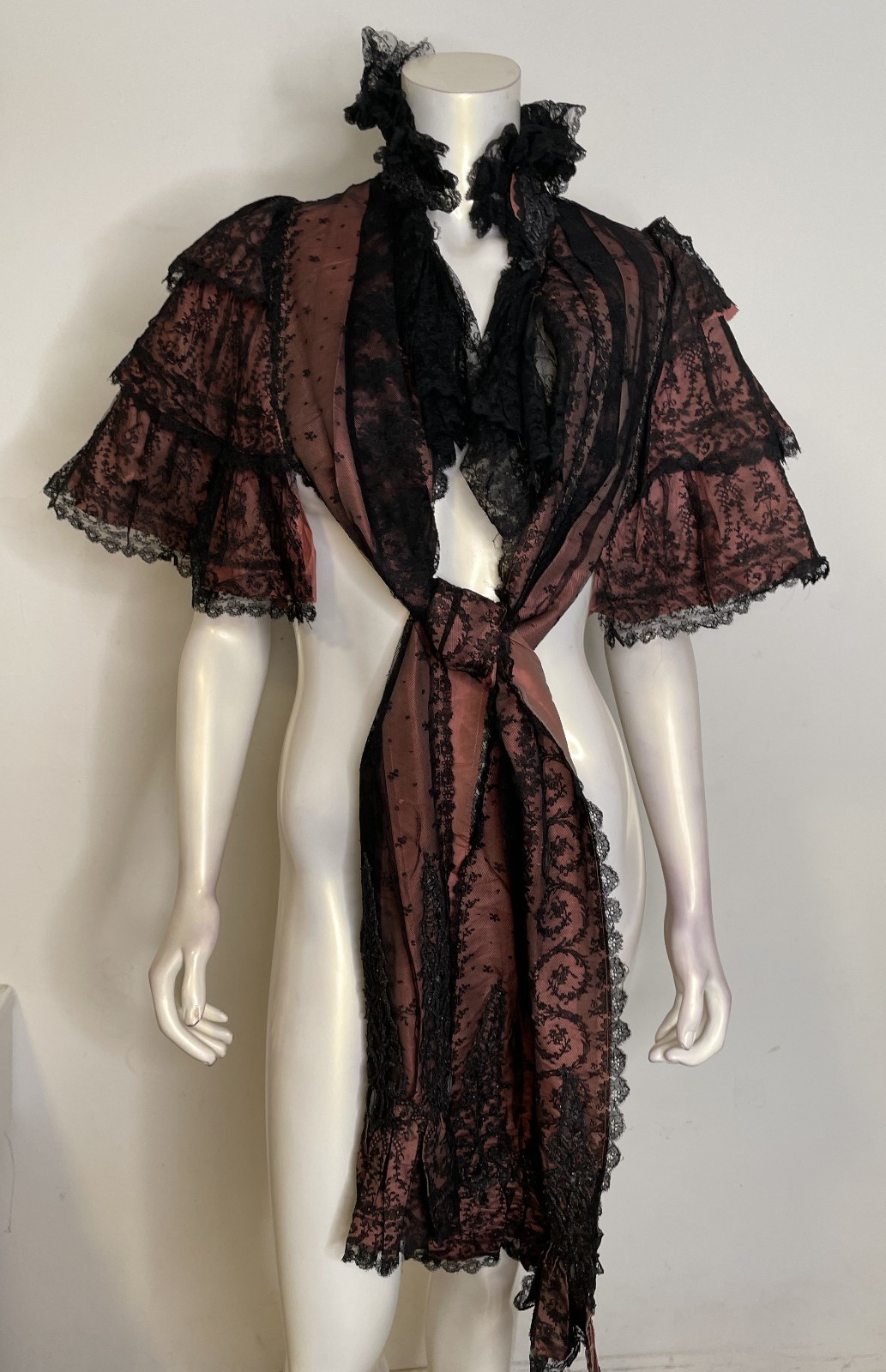 Antique 1800s 1900s Victorian Cape Pink & Black Chantilly Lace Beaded Ruffles OS