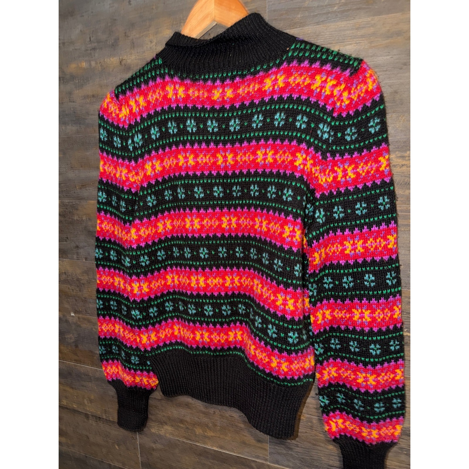 Edina Ronay Hand Knit Silk Wool Sweater England Vintage Black Pink MEDIUM