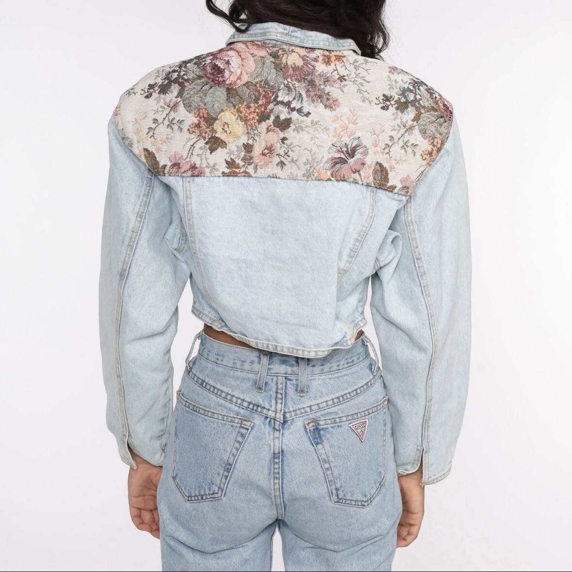 1990s, Vintage Denim Jacket Skirt Set, Cropped Tapestry Floral, YES Brand, Small