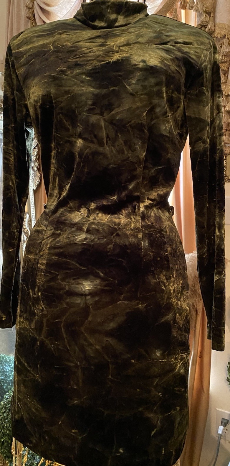 Vtg Scarlett Green Crushed Velvet Fitted Cocktail Dress 7/8 Mock Neck STUNNING