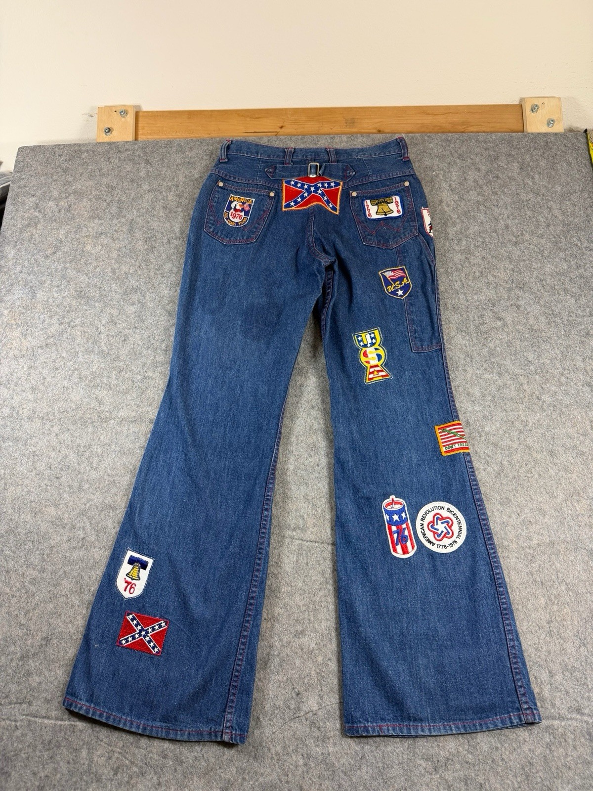 Vintage 70s Wrangler Buckle back Patchwork Jeans Rare USA Patches Size 27×30