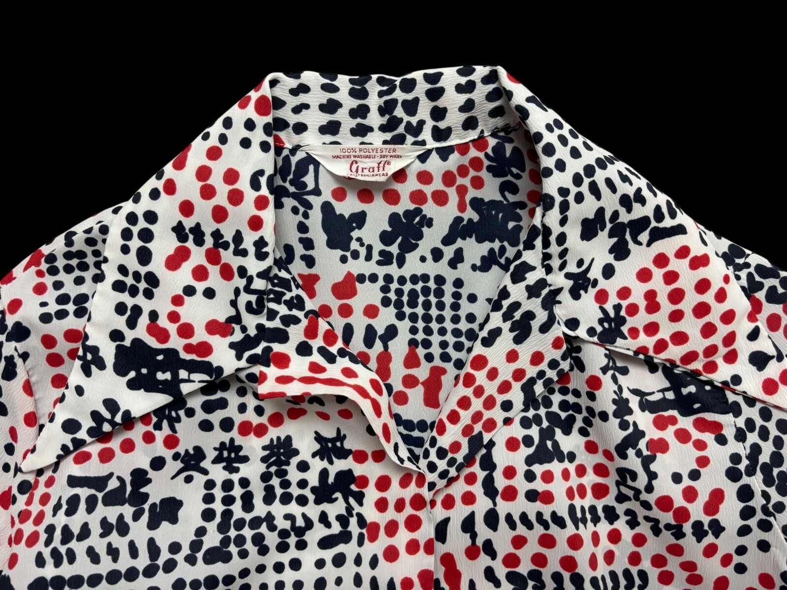 VTG Graff Poly Multicolor Abstract Belted Button Front Daggar Collar Blouse S/M