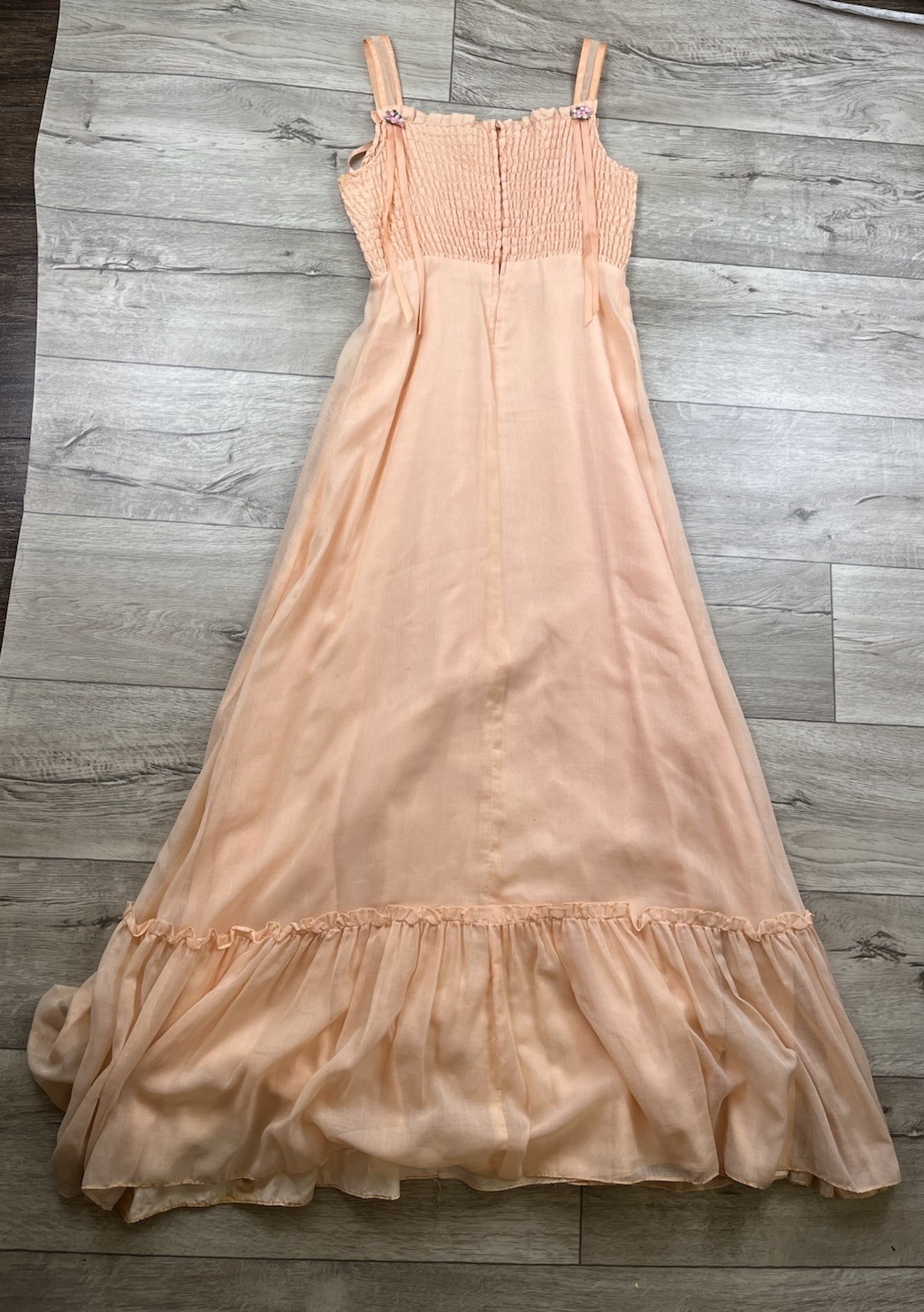 VTG Phase II Dress Sz XS/ S Pink Coral Smocked Floral Maxi Prairie Sundress 70&rsquo;s