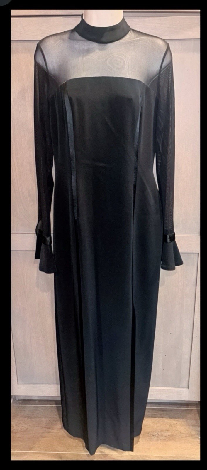 Stunning Vintage Oleg Cassini Black Tie Sheer Bodice Long Sleeve Tuxedo Gown 12