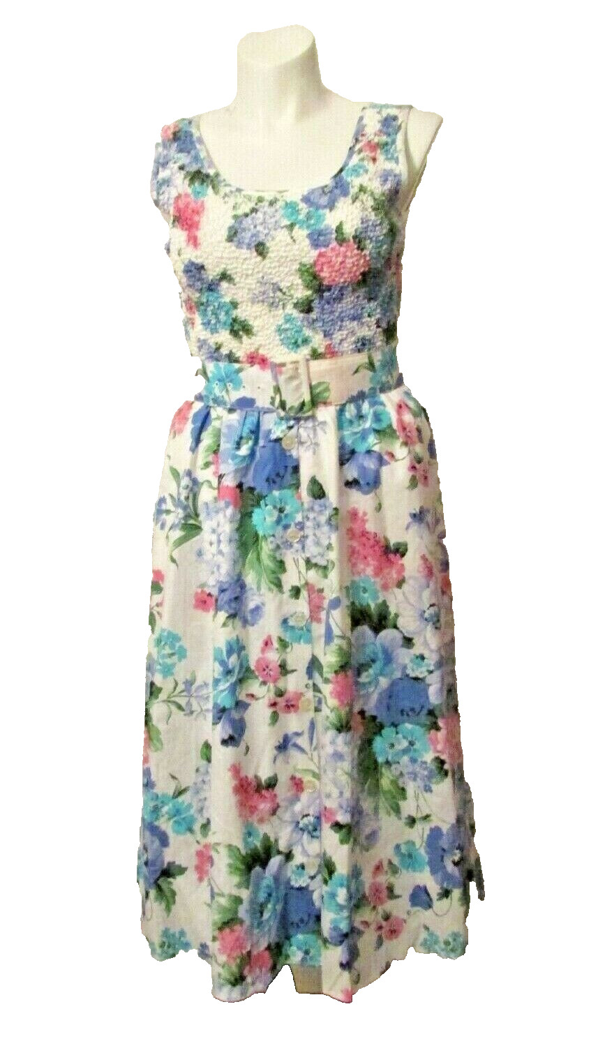 80s Jeffrey & Dara Linda Hutley Cotton Floral Smoked Bodice Dress 11/12 USA made