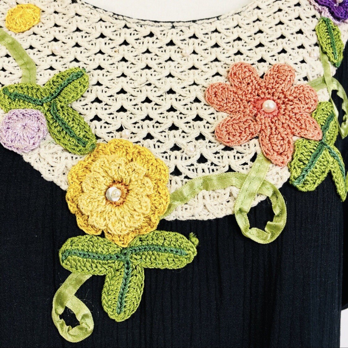 Vtg Lacy Afternoon Shell Kepler Maxi Dress Cottagecore Crochet ￼Floral Collar L