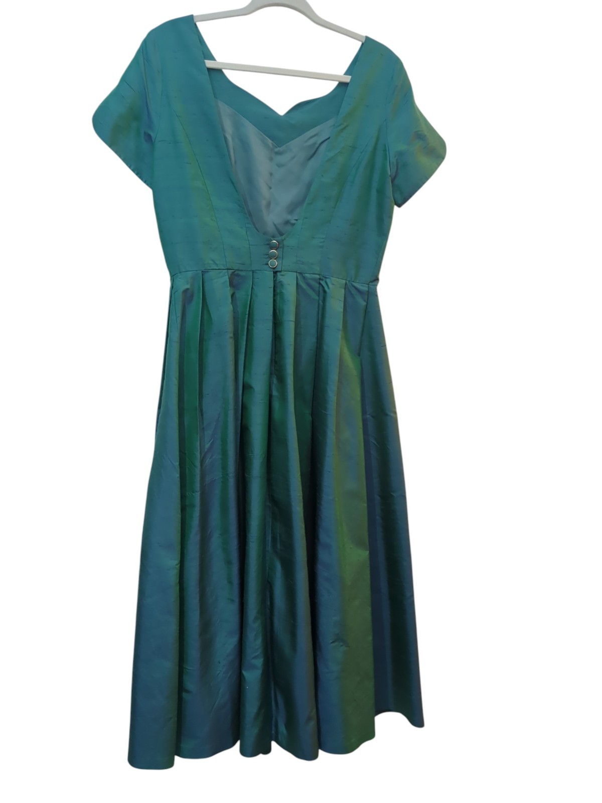 VINTAGE LAURA ASHLEY 100% SILK DUPIONI Iridescent Peacock Fit &Flare Dress US 12