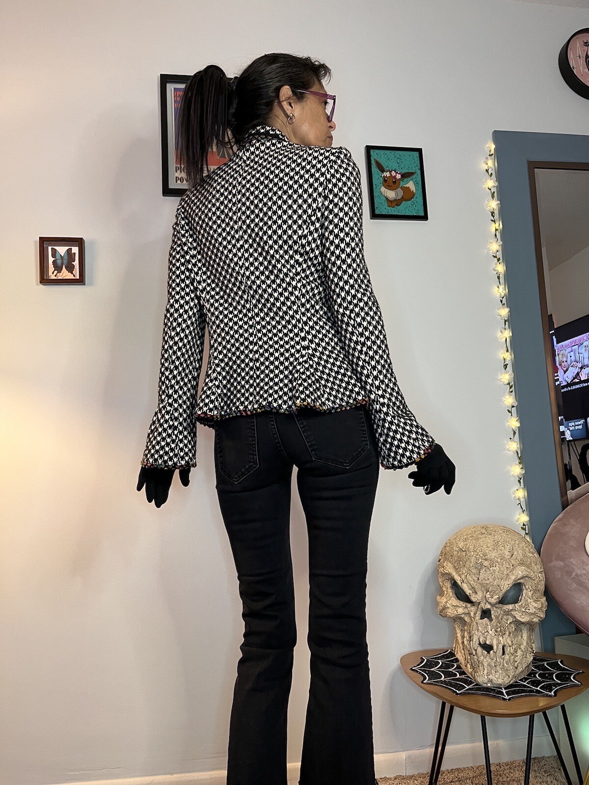 Vintage 80’s Houndstooth Fitted Blazer Rainbow Trim Bell Sleeves Stretch