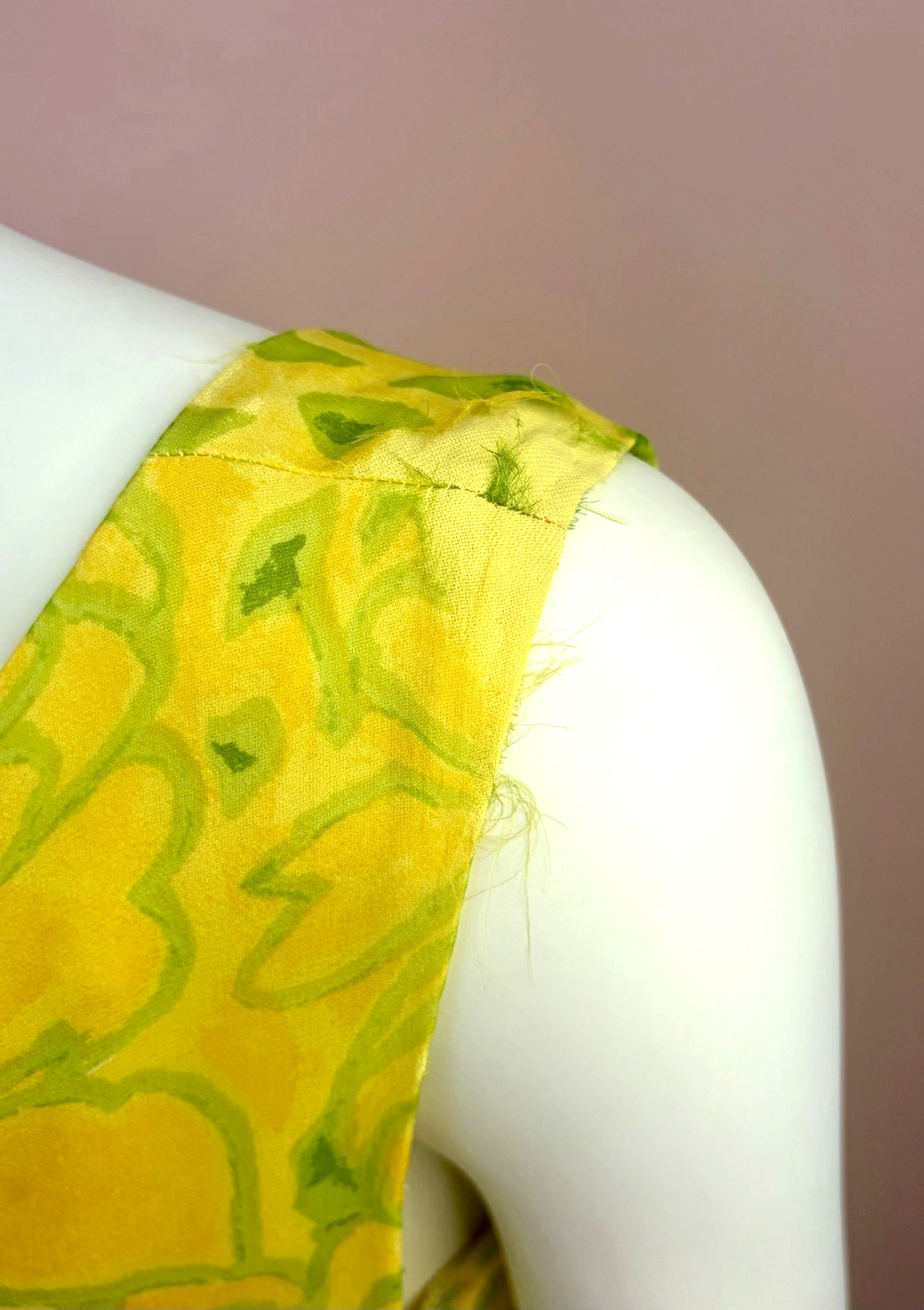 VTG 60s Mod Shift Dress abstract Yellow Green Floral Print chiffon A-Line S/M
