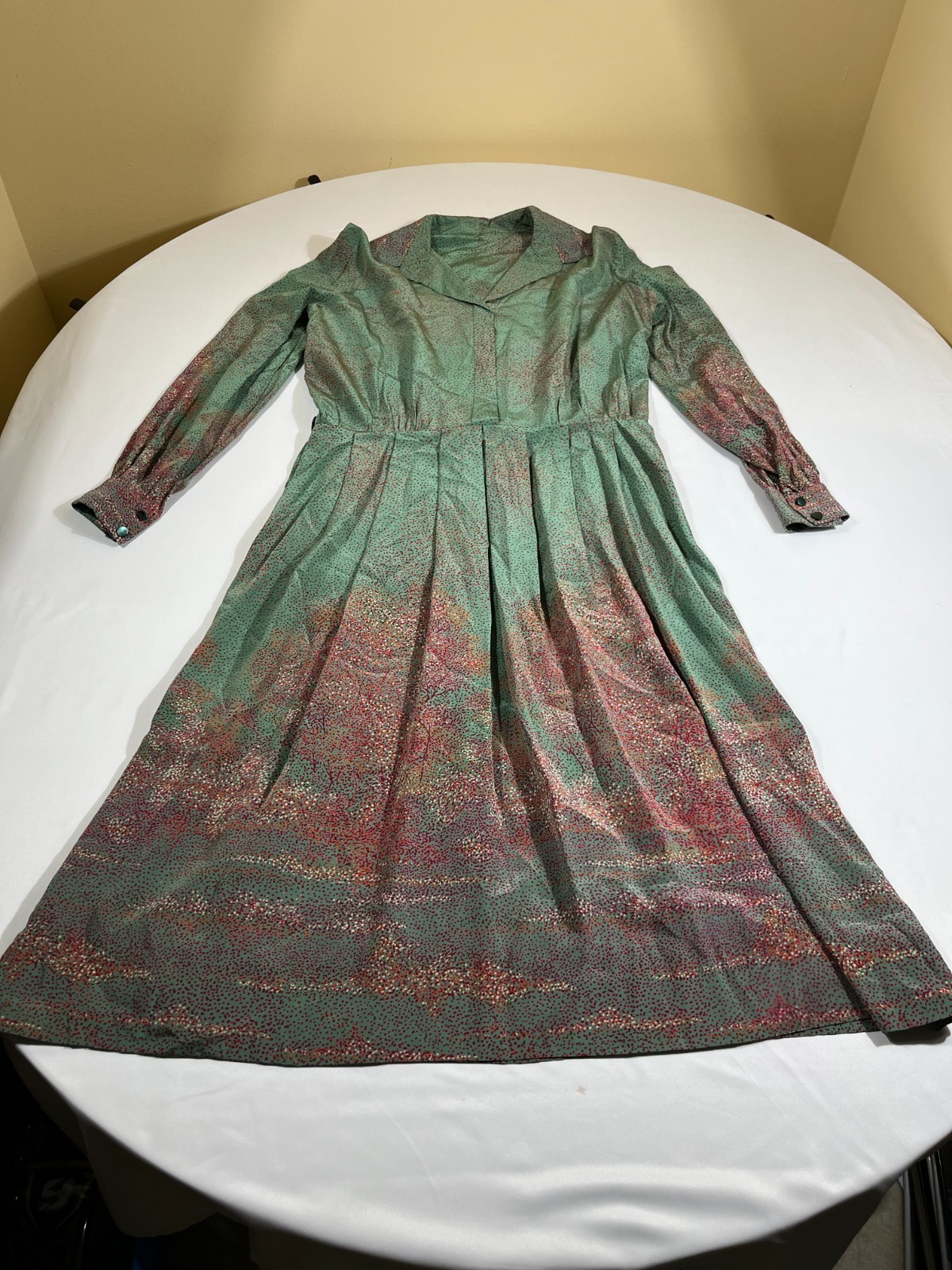 Vintage 70s Italian Como Silk Midi Dress Teal Whimsygoth Abstract Print Size L