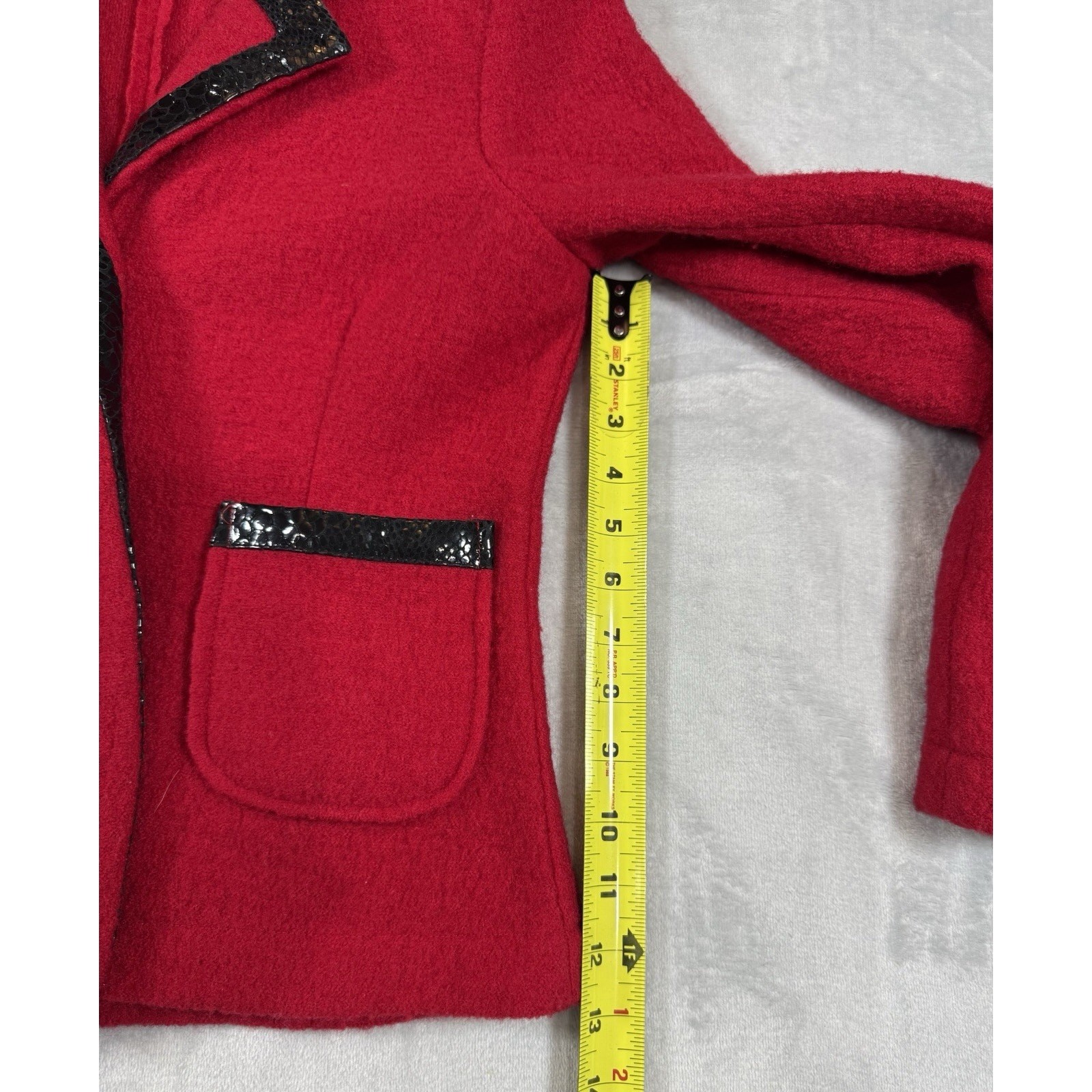 Vintage 1980s Red Wool Jacket Black Leather Trim Boutique Essentials Small