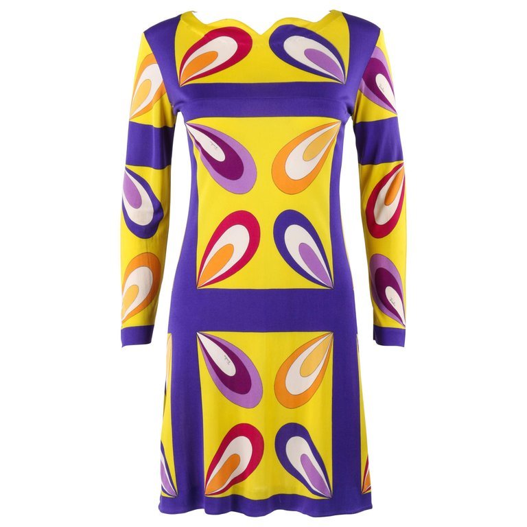 EMILIO PUCCI c.1968 « Margherita » Print Yellow & Blue Op Art Silk Shift Dress
