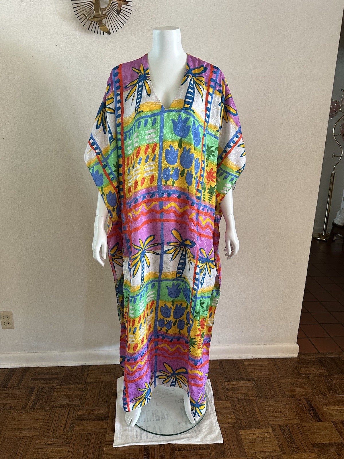1990s Details Tropical Brocade Loungewear Dress Caftan Mumu Maxi Resort 80s VTG