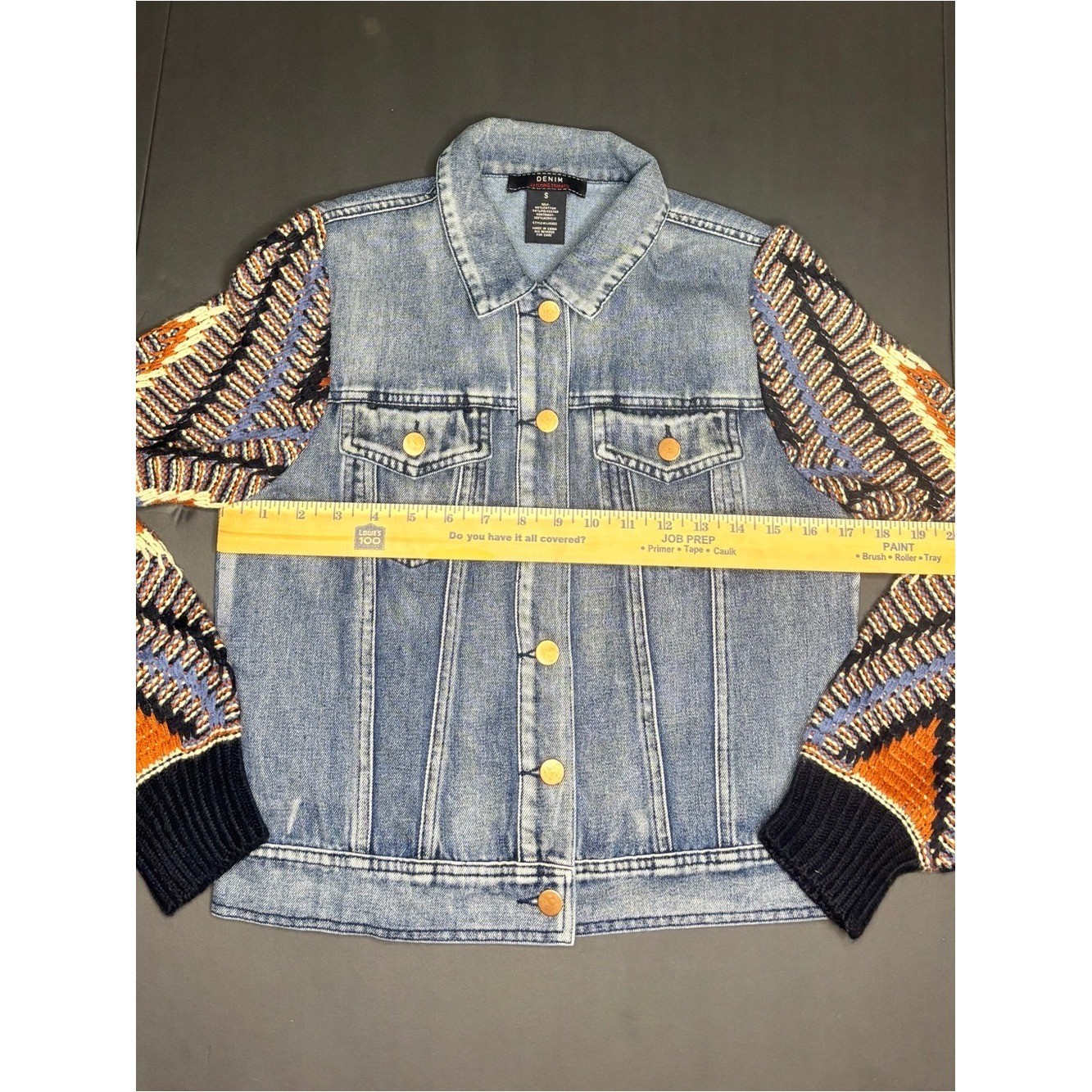 Flying Tomato Light Blue Denim Jacket with Multi-Color Knit Sleeves Size S Boho