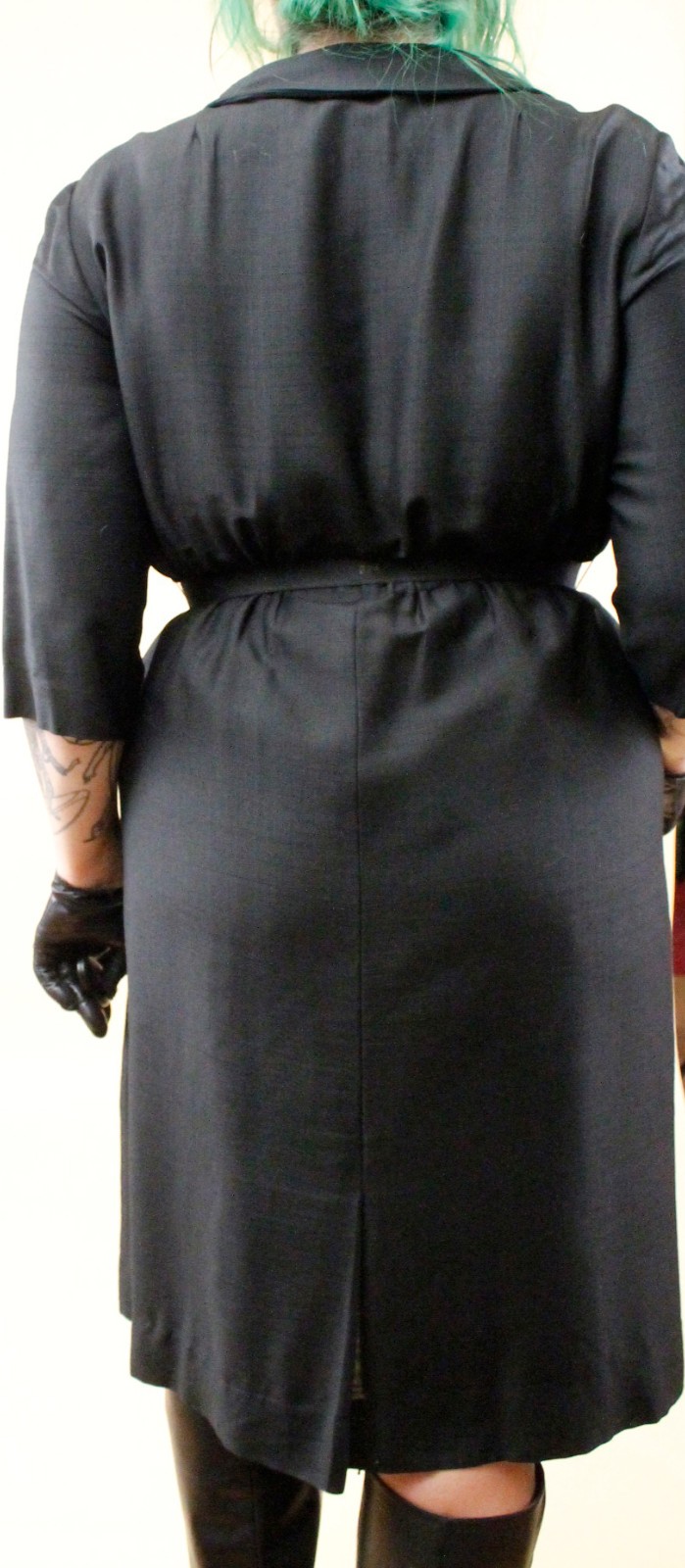 1950s Vtg Black Plus Size Volup Collared Sailor Button Dress Goth Pin Up 1X B48&Prime;