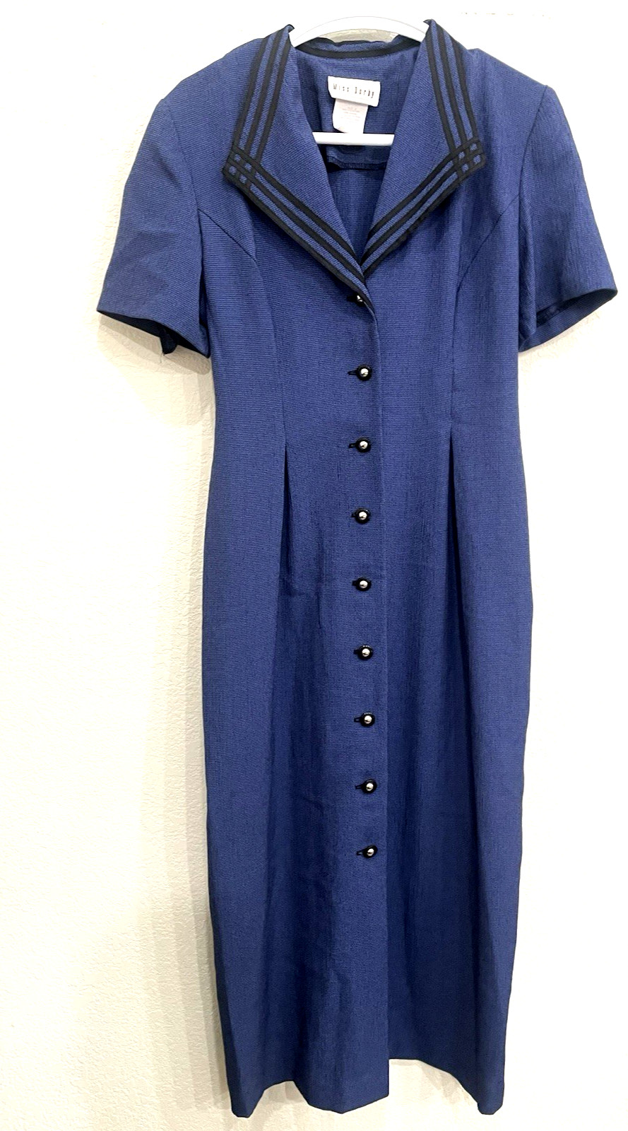 Miss Dorby Dress 8 Blue Vintage Sailor Collar Button Front Maxi Short Sleeve