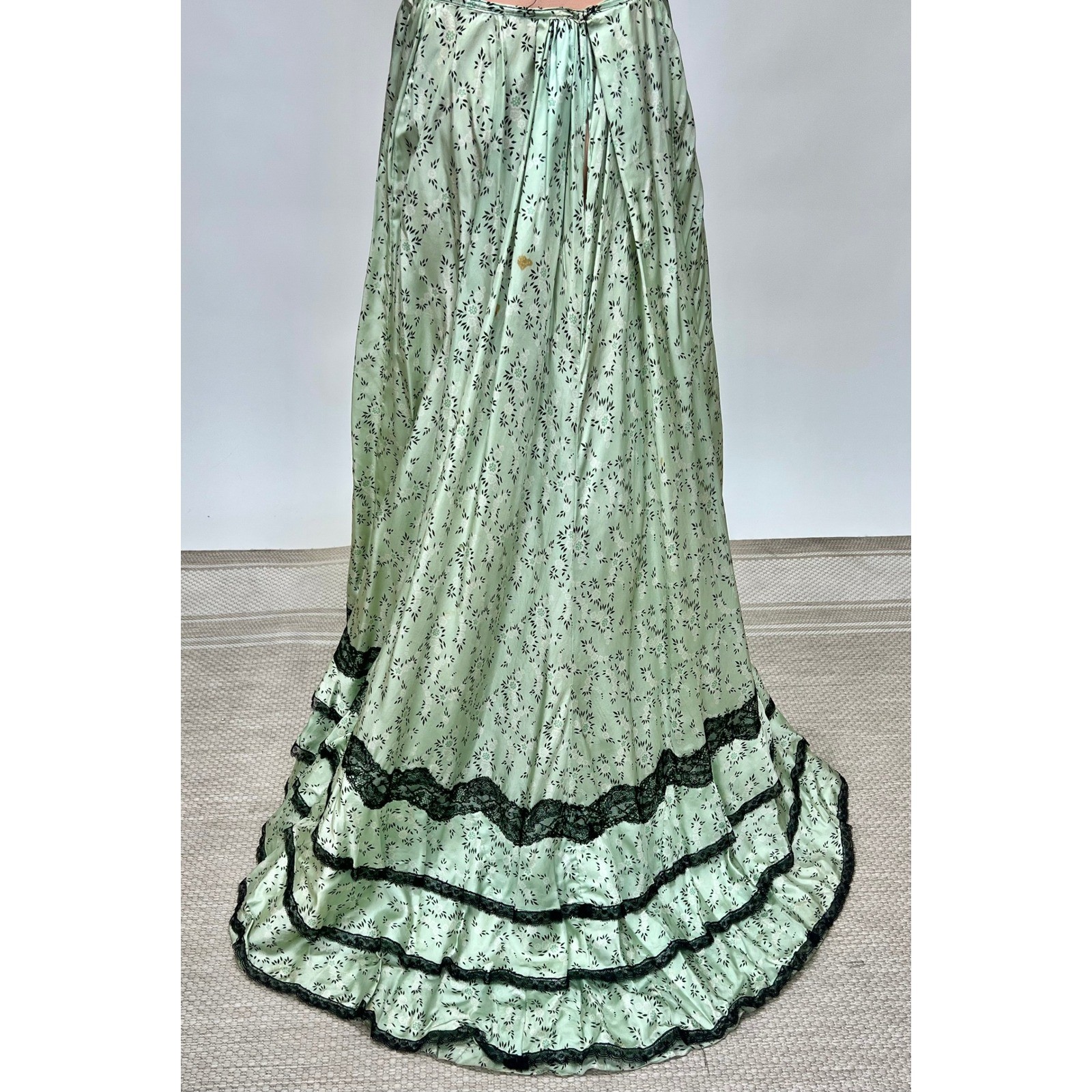 Antique Victorian Mint Green Printed Silk Two Piece Floral Skirt Set Black Lace