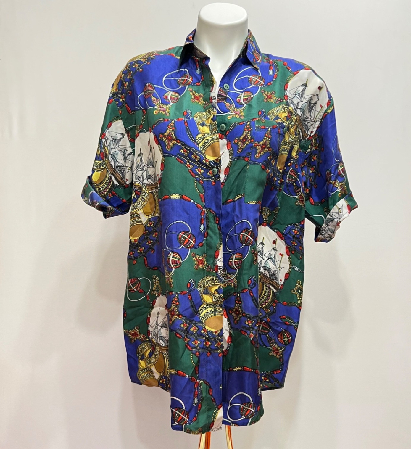 Vintage 80s Silk Button Up Blouse Sz Small Baroque Nautical Eclectic Print