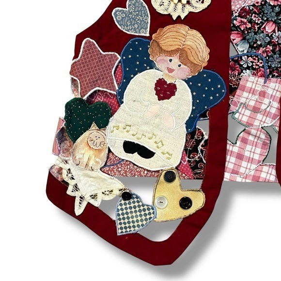 Handmade Angel Vest Patchwork Applique Embroidery Hearts Cottagecore 80s Teacher