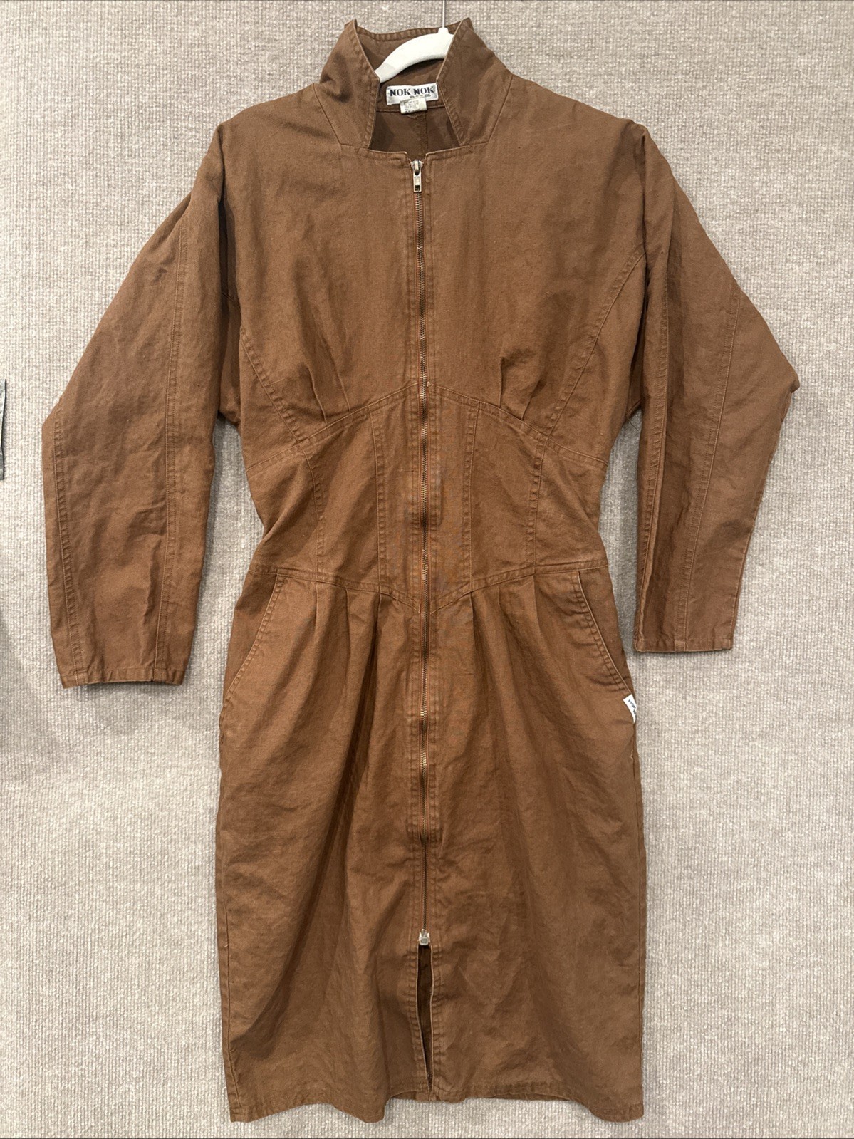 NOK NOK Vintage Brown Original 80s Style Dress, Front Zip, Pockets, Unique