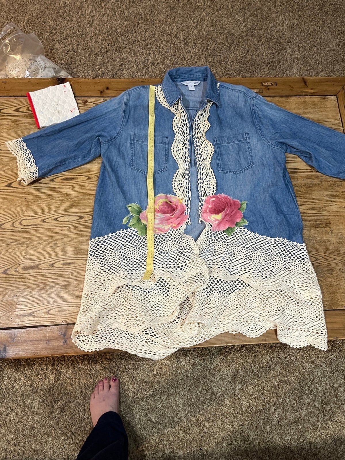 Upcycled by Melissa Denim Lace Jacket Dress Roses Cottagecore