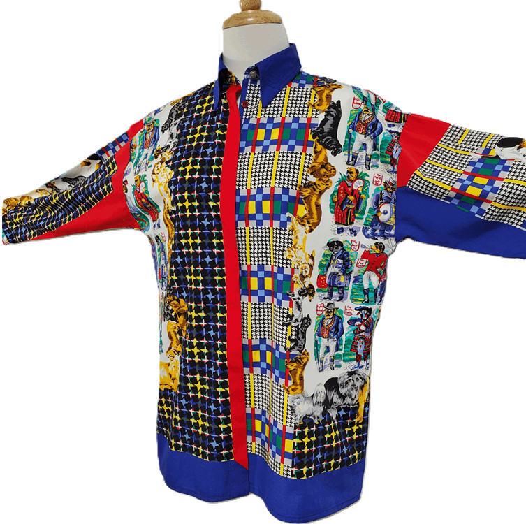 VTG VERSACE JEANS COUTURE Puppy Dog Novelty Print Circus Blouse Top Shirt S