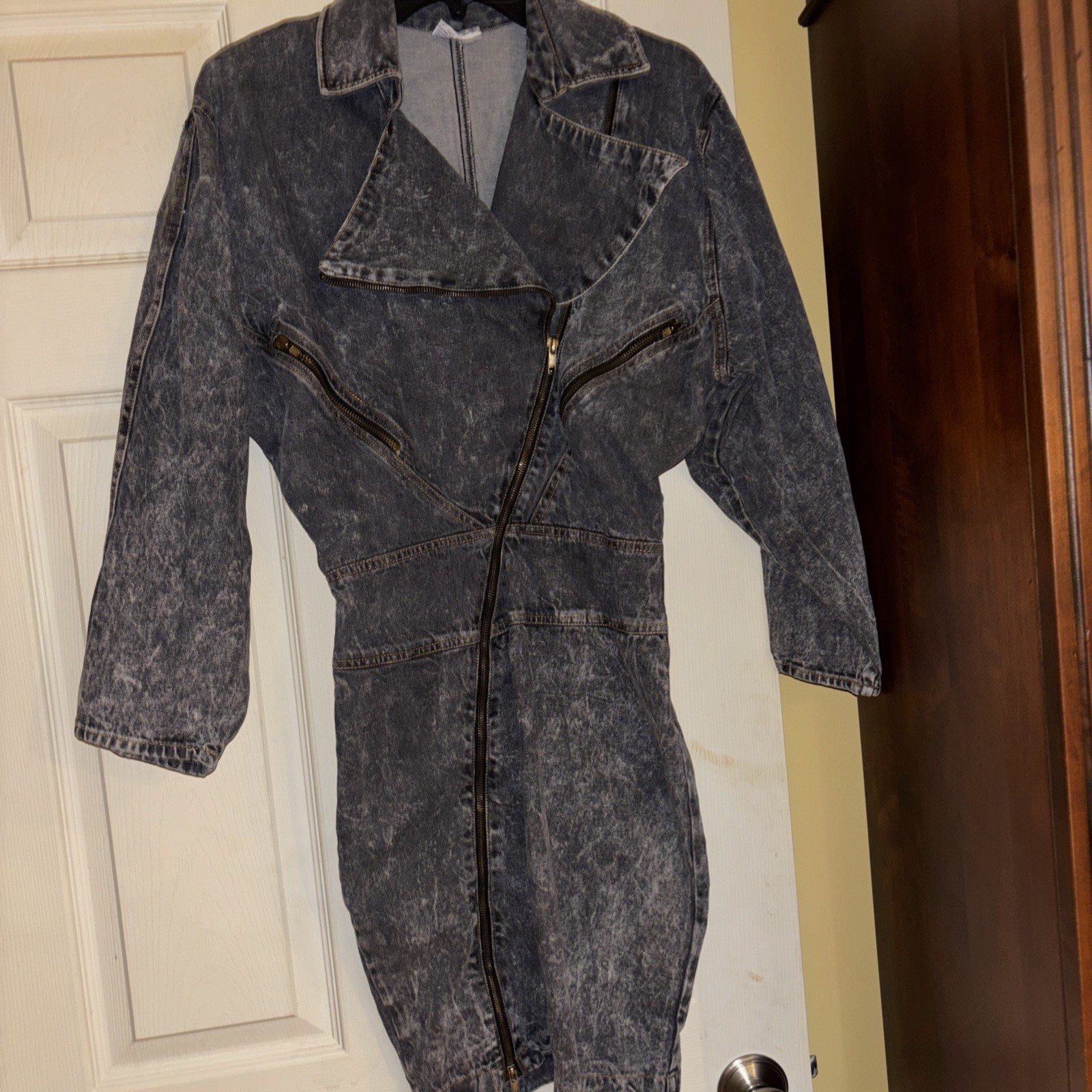 Vtg Joni Blair Denim Dress Acid Wash Zippers 80’s Shoulder Pads Women’s 5