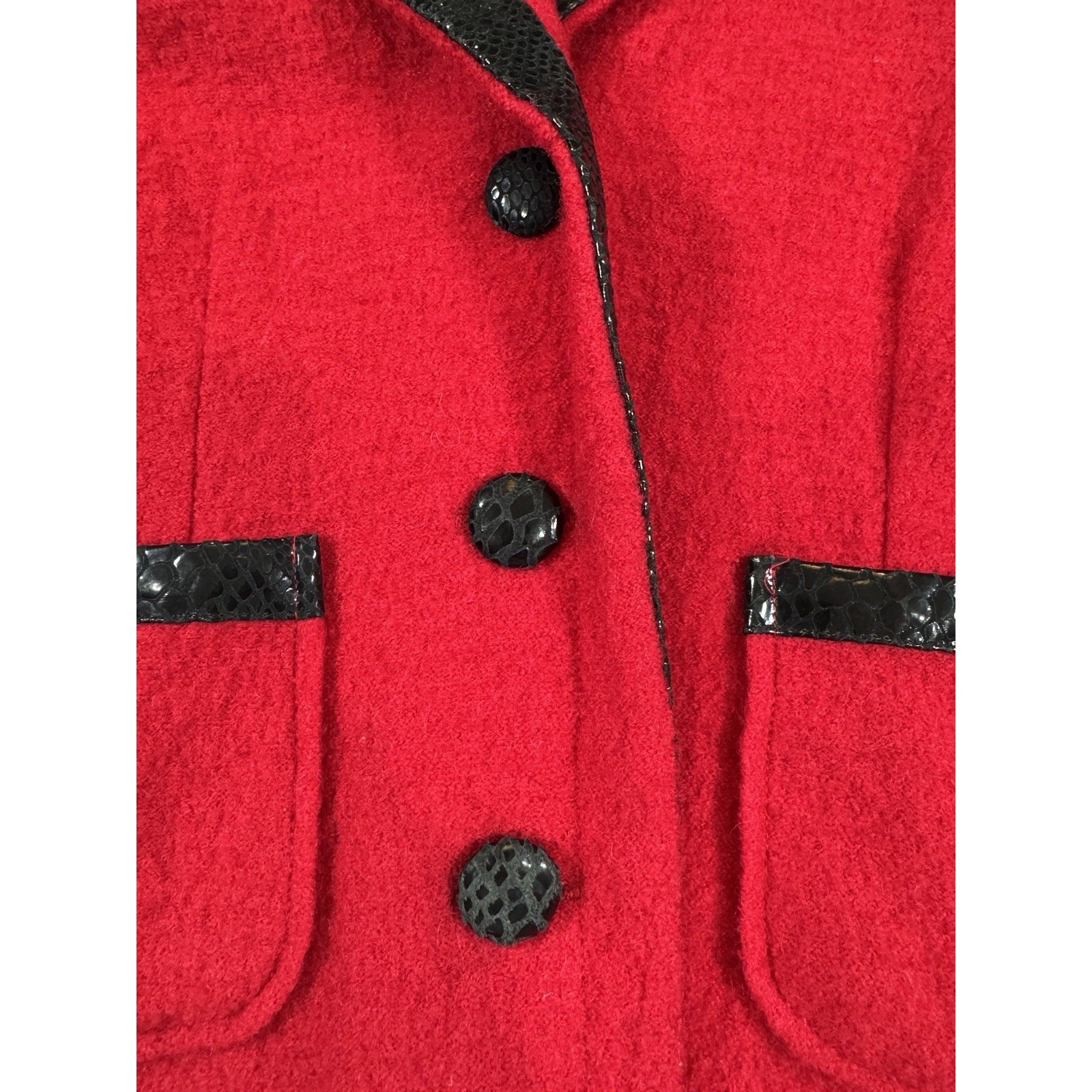 Vintage 1980s Red Wool Jacket Black Leather Trim Boutique Essentials Small