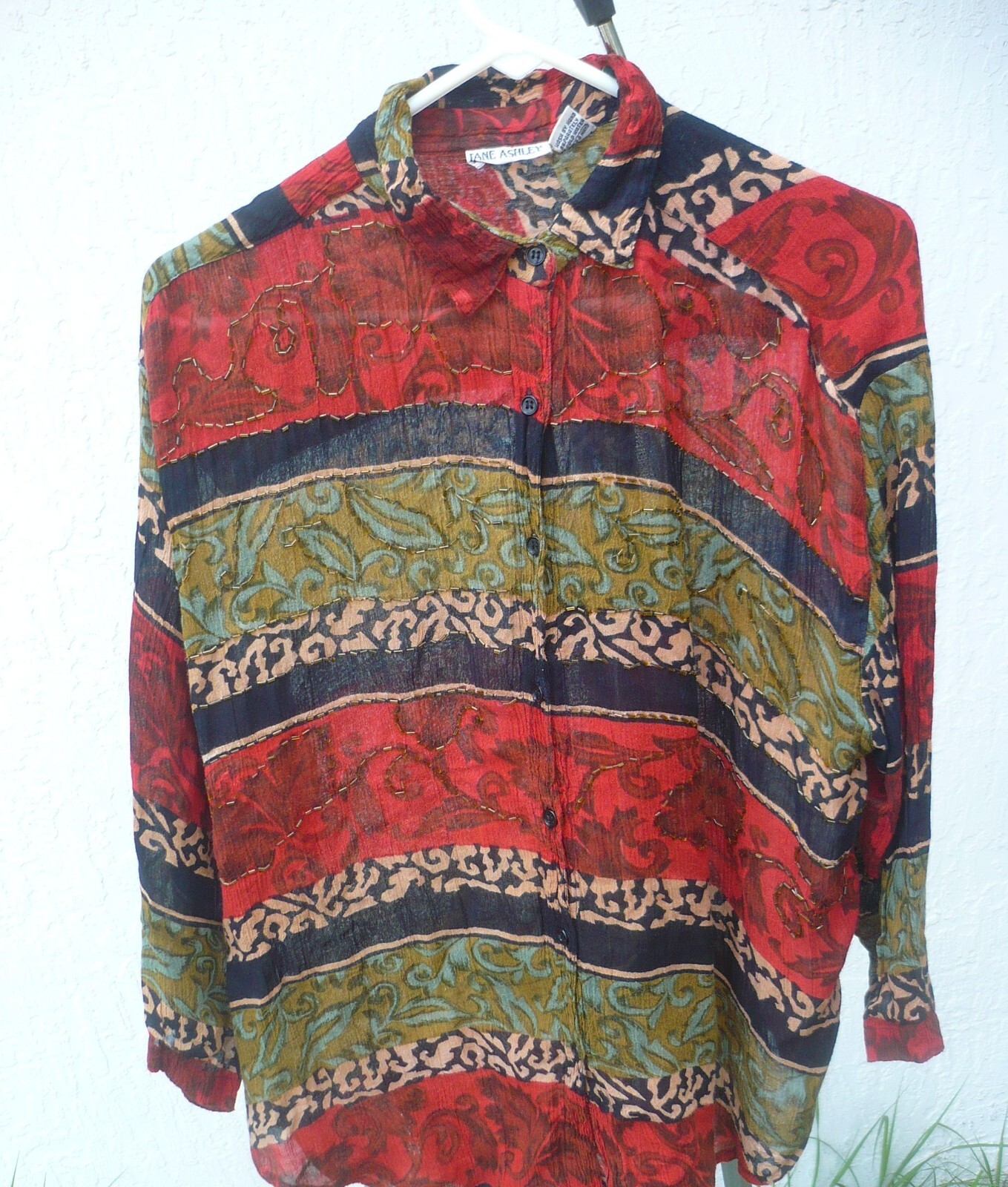 VTG 90S OVERSIZED JANE ASHLEY BEADED CINNAMON GREEN SHIRT WOMEN BLOUSE NEPAL M L