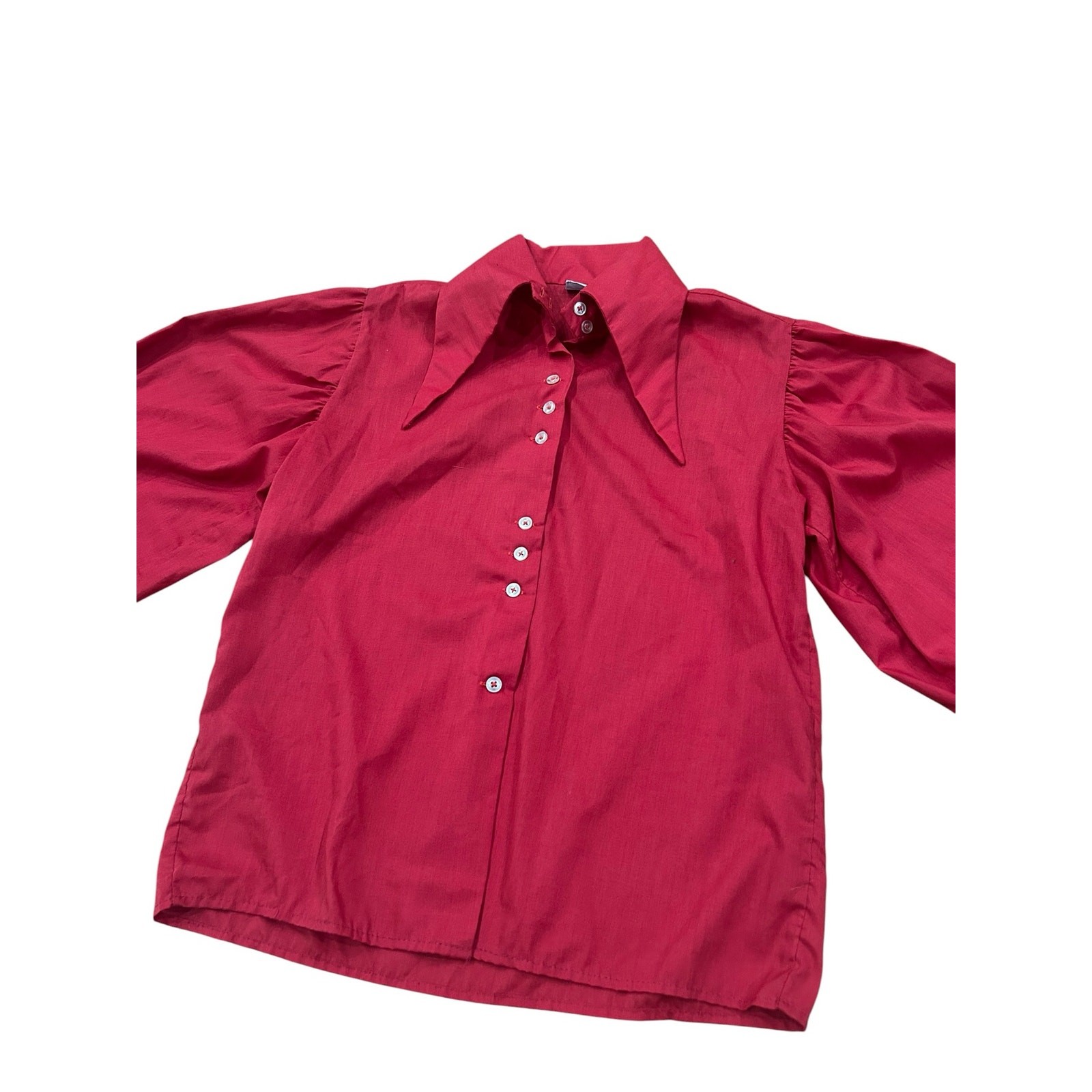 Vintage 60s Mod Dagger Collar Red Blouse Bishop Sleeve Button Front S ^