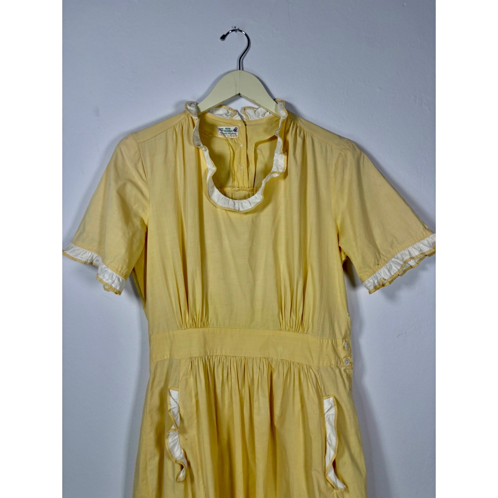 1950s Expensive Simplicity Yellow Cotton Ruffle Maids Uniform Dress As Is