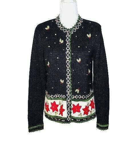 Vintage Christmas Reference Point Sweater Size S Snap Closure Poinsettia Holly