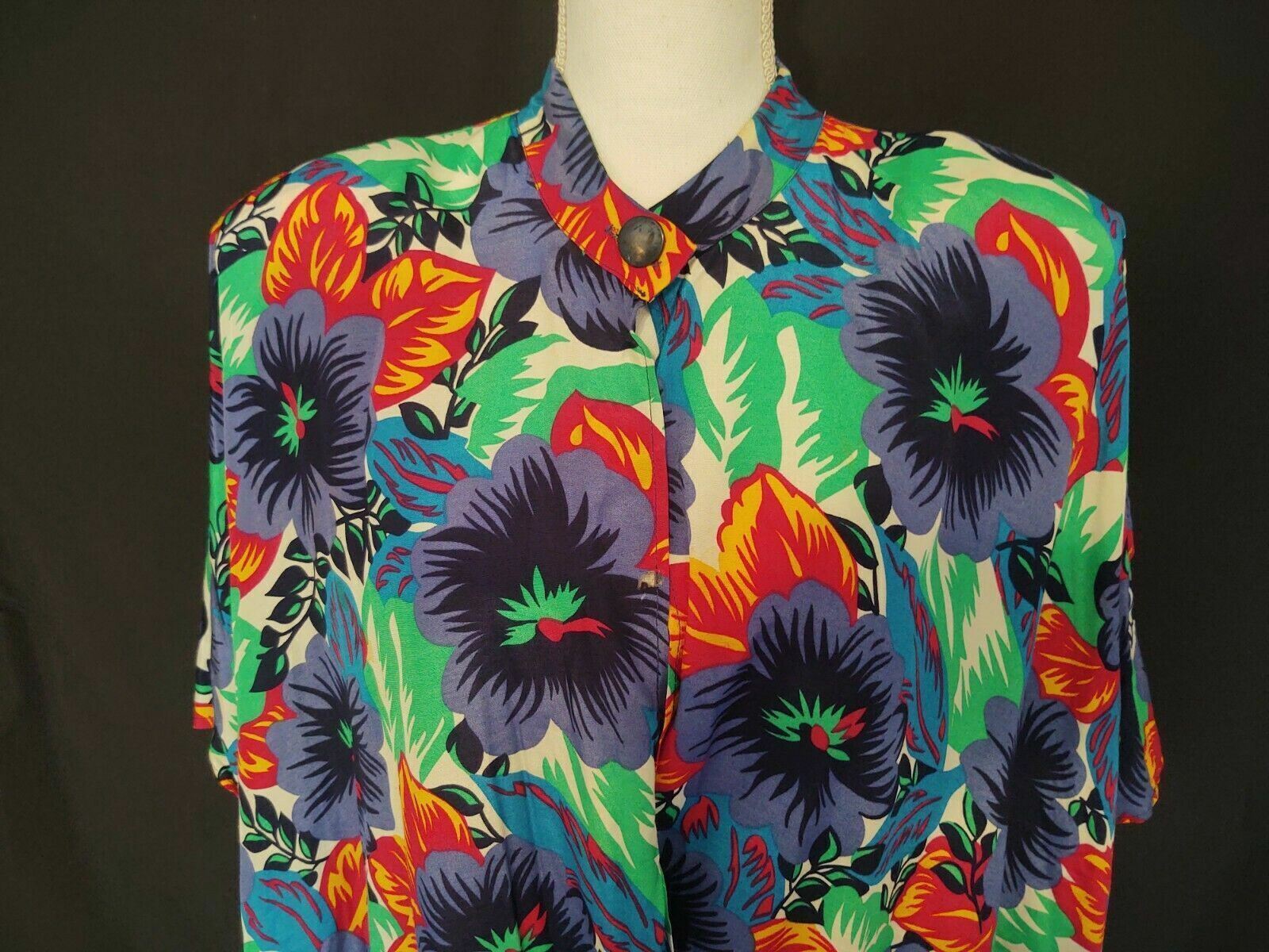 80&rsquo;s Vintage Cover Up Shirt April Rain Swim Beach Dress Rayon Tropical Floral 16