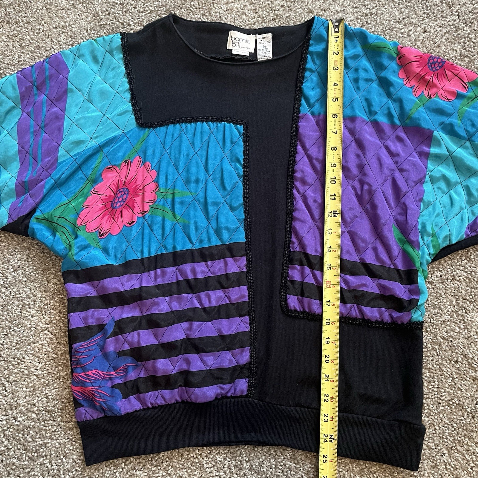 VTG Quilted Patchwork Top M/L Multicolor Retro 1/2 Sleeve Maximalist Art To Wear