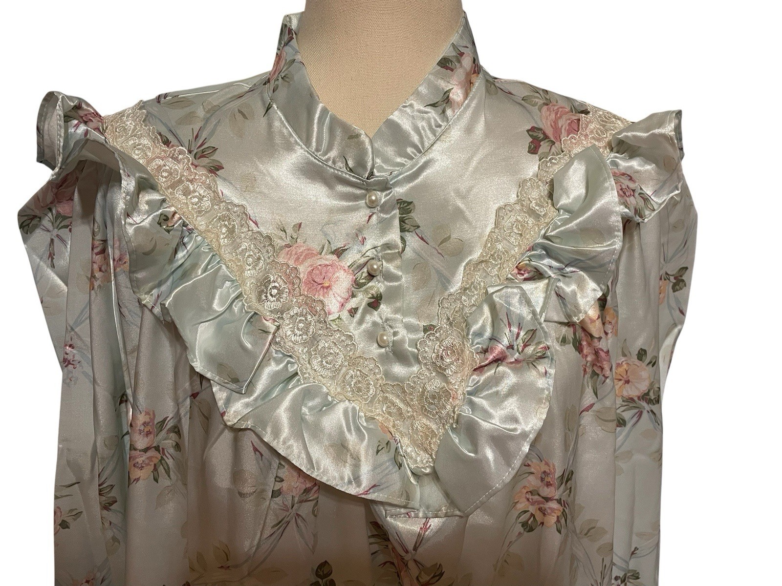 Nicole Blue Satin L Nightgown Lined Pink Cottage Rose Lace Pearl Button New Flaw