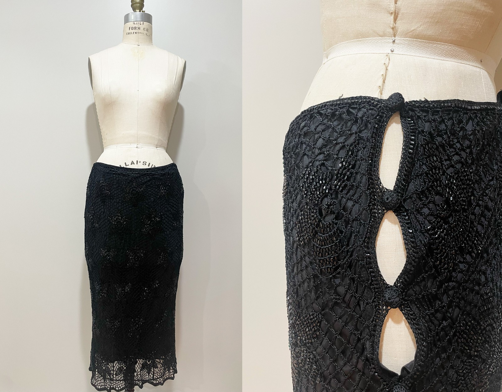 Vintage Alberta Ferretti Beaded Crochet Low Rise Bias Midi Skirt Black Sz M Y2K