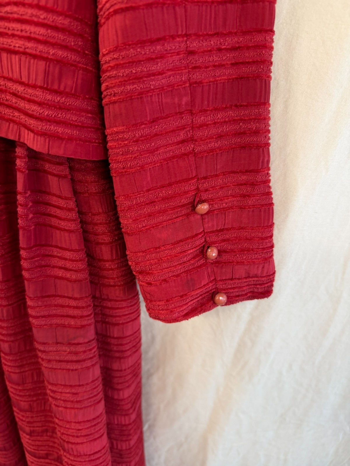 Vintage Red Skirt Suit W/Ruffled Jacket Distinct Horiz. Patt. Size 9 One Piece