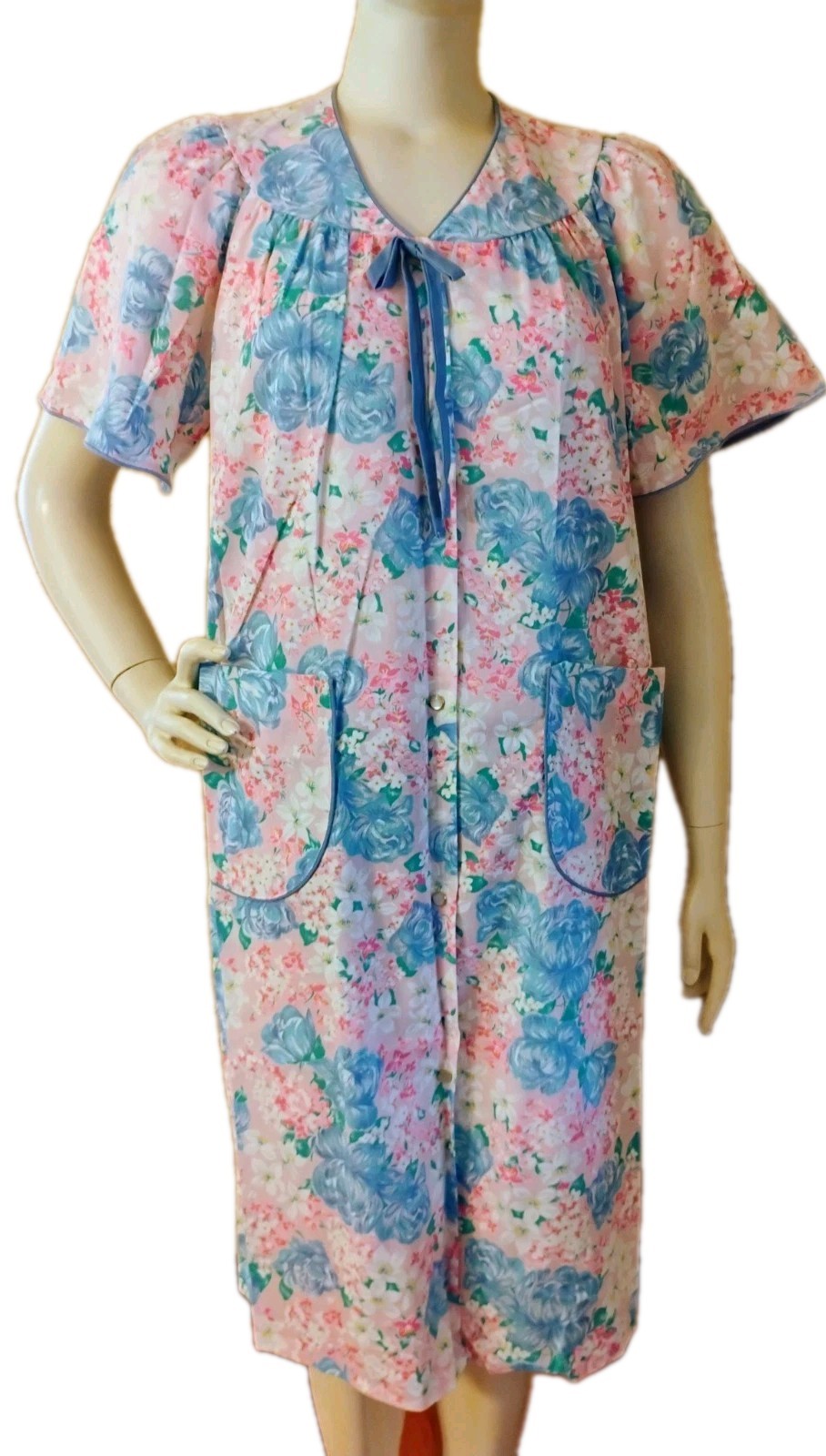VTG 80&rsquo;s « Breakfast Club » Blue & Pink Floral House Coat made In Jamaica S