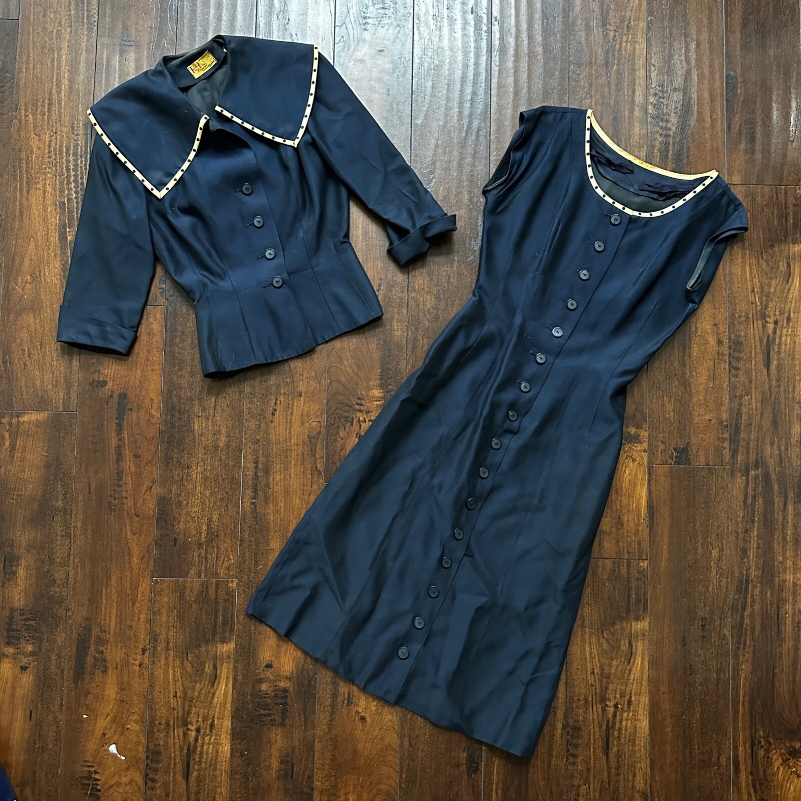 Real Vintage 1940s R & K Original Long Navy Top Button Down Dress Women&rsquo;s 40s