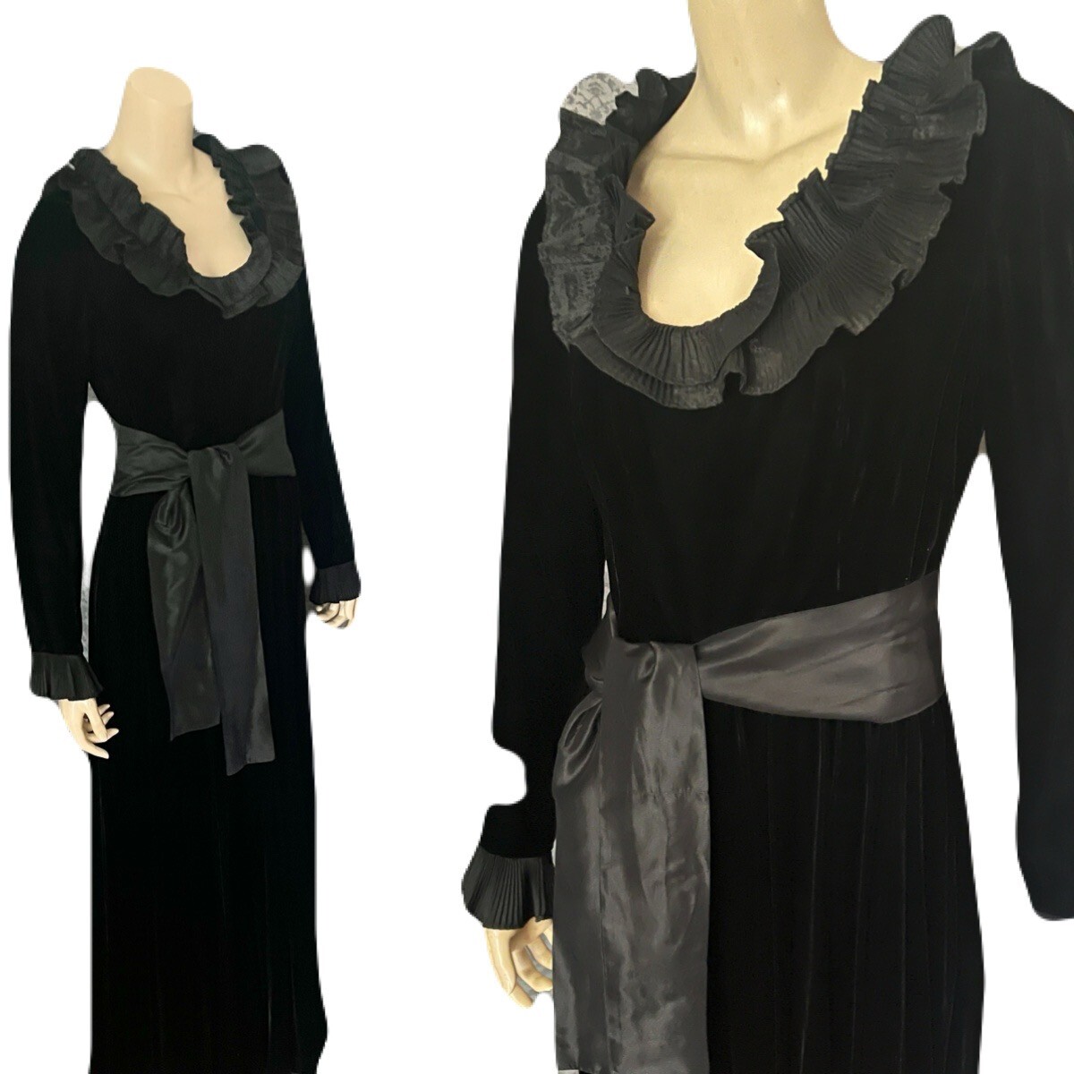 Gorgeous 1970s Inky Black Velvet Victor Costa Gown, Pleated Collar, Sm – Med