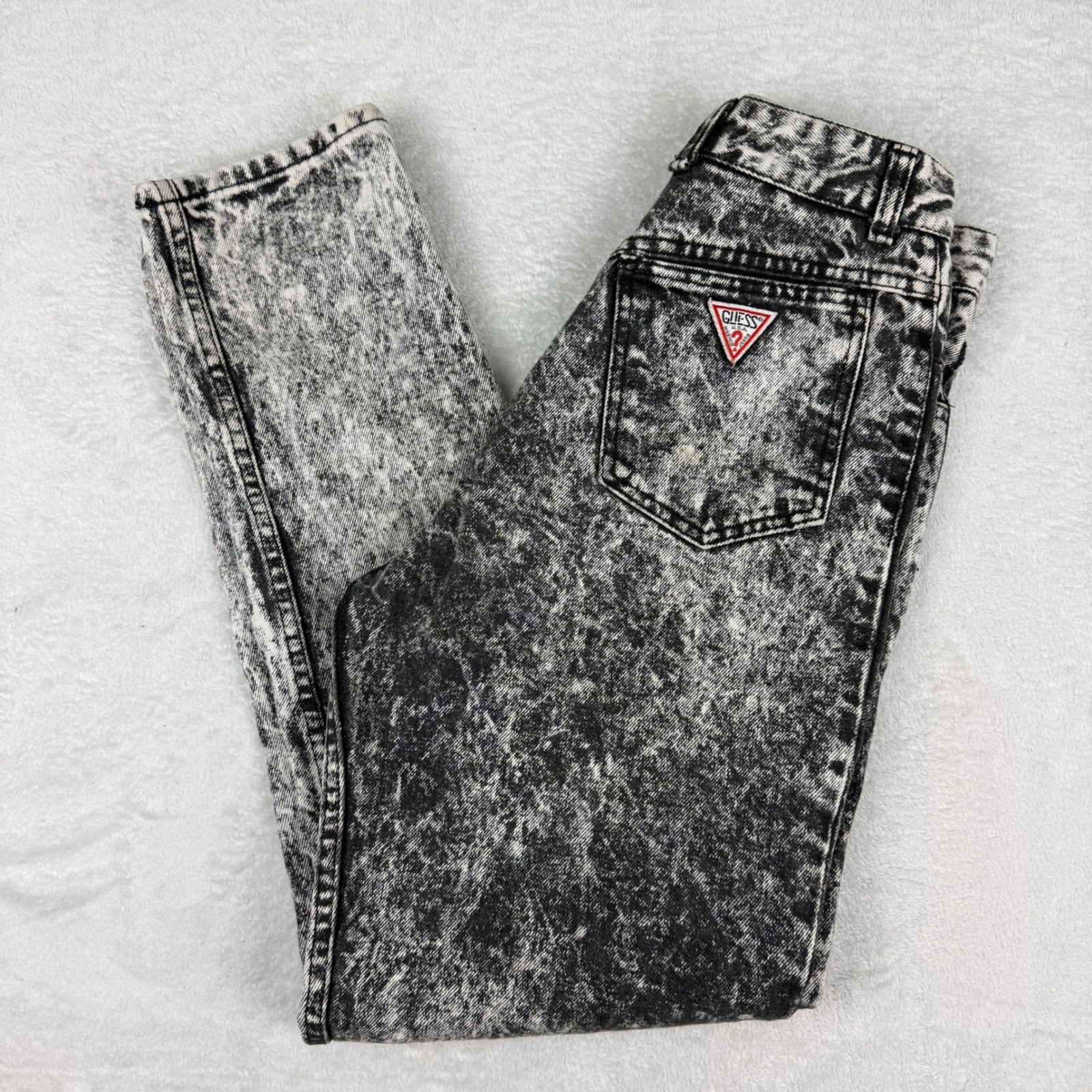 Vintage Guess Acid Wash High Waisted Tapered Leg Jeans Black White Denim 28×29.5