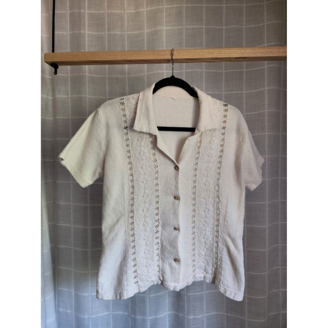 Vintage White Textured Button Front Blouse, Lace Detail, Cottagecore, Size M