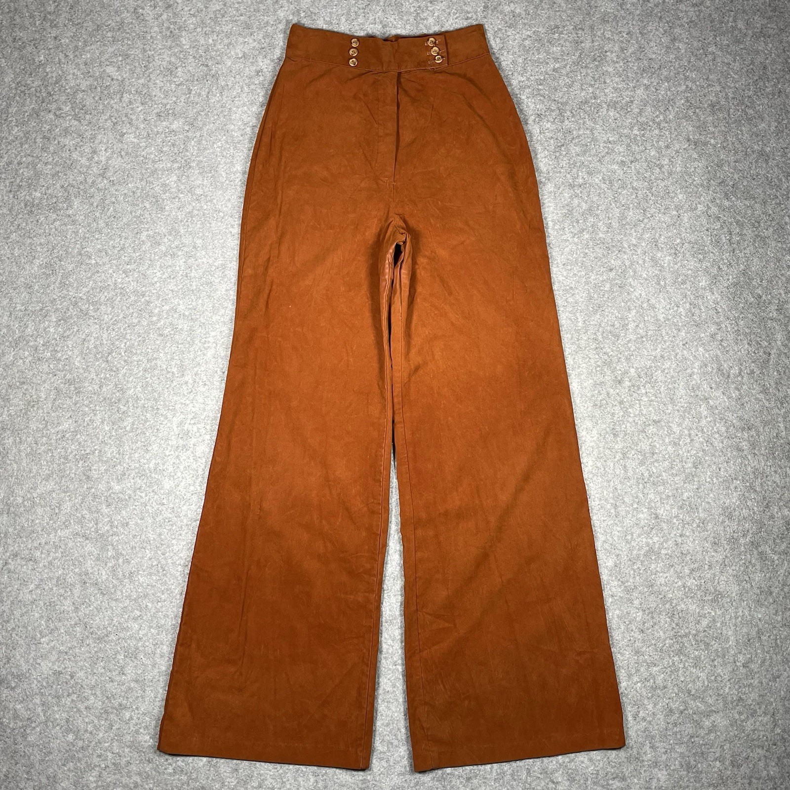 Vtg 1970s Burnt Orange Bell Bottom Pants High Waist Sailor Disco Suede 26 x 31