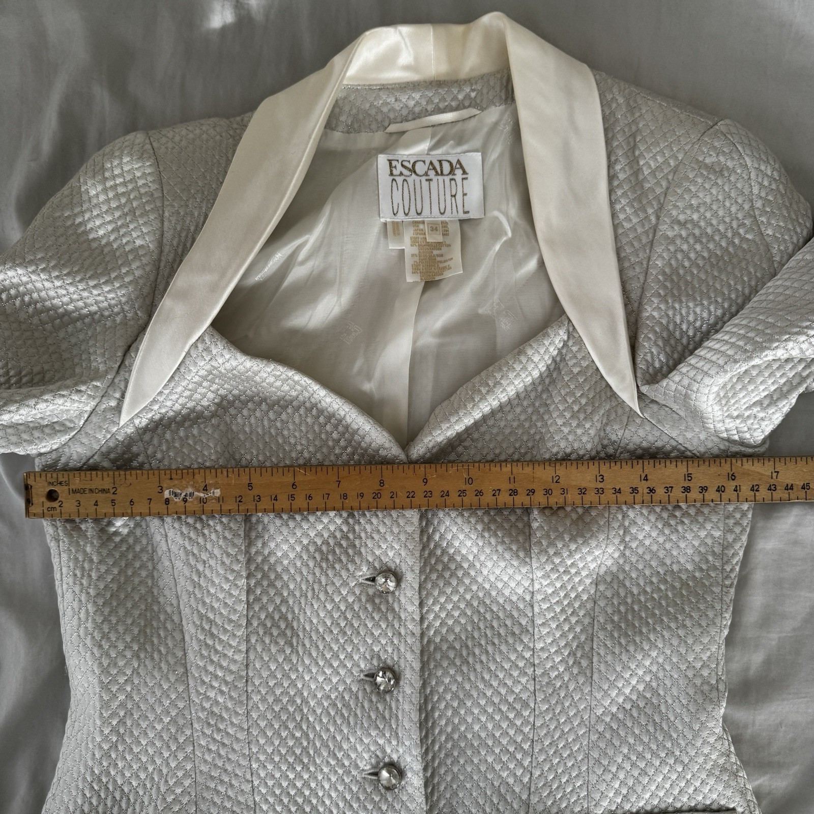 Vintage ESCADA COUTURE Silk Cotton White Silver Suit Jacket Blazer sz 34 Luster
