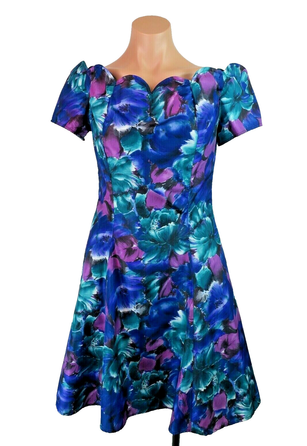 VTG 80s Off Shoulder Scalloped Party Blue Floral Skater Prom Dress Sz 9 USA