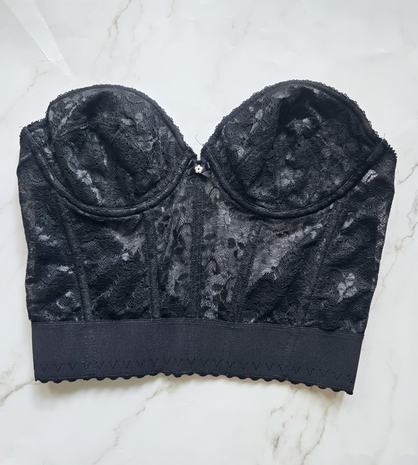 Sears Black Lace Vintage Bustier Longline Pinup Underwire Strapless Bra 36C